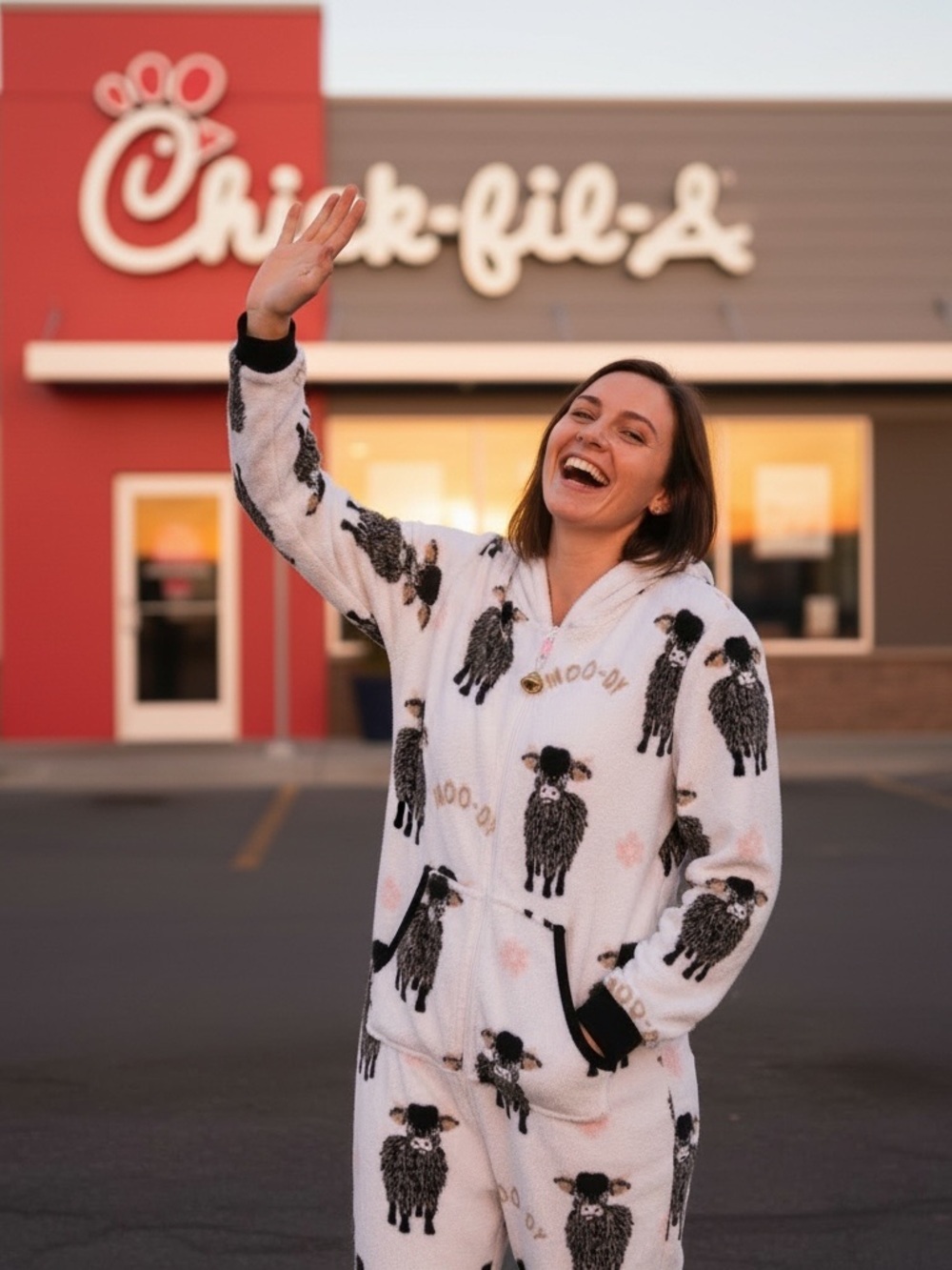 Holiday Time. White Hooded Fleece Onesie with Black Cow Print - Picture 5 of 8